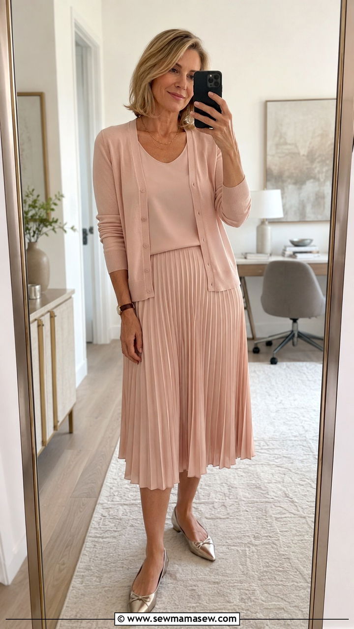 Sweater Set and Pleated Midi Skirt - 25 Outfit ideas for women over 50 casual 2026