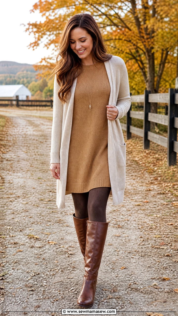 Sweater Shift Dress With Ribbed Tights And Riding Boots - 25 Shift dress outfit ideas with tights