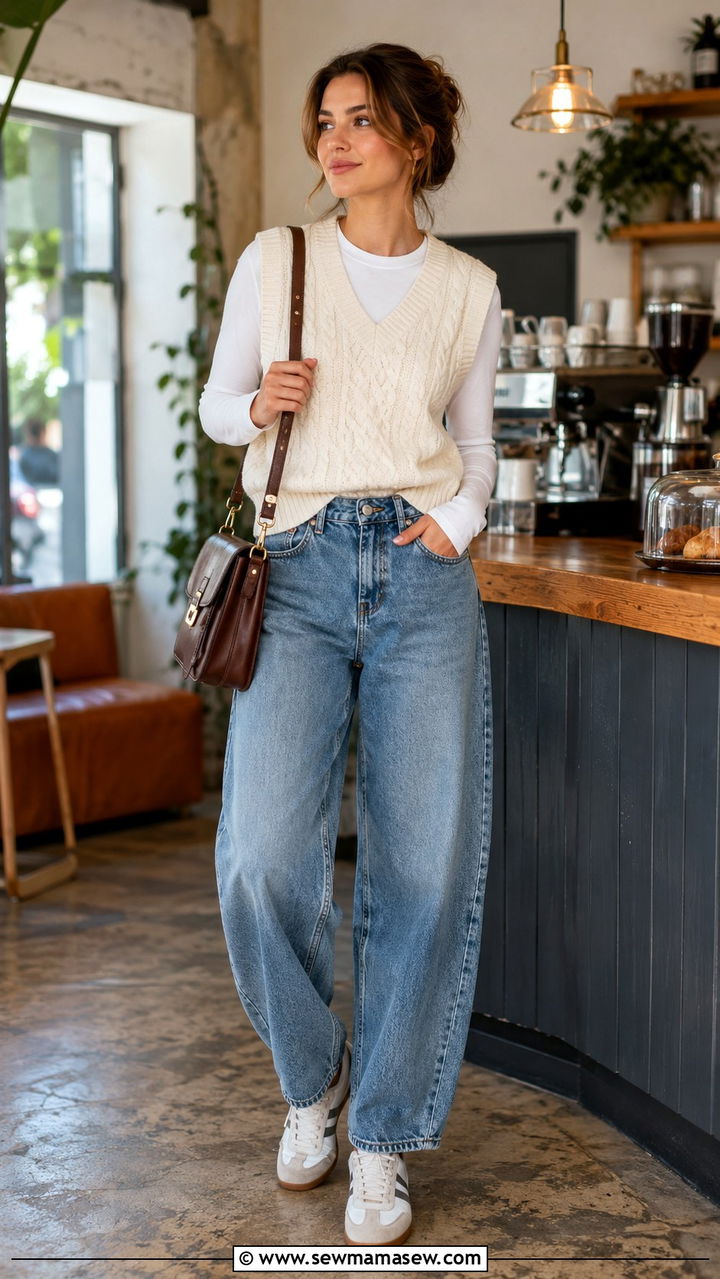 Sweater Vest And Barrel Jeans With White Sneakers - 25 Barrel jeans outfit ideas with white sneakers
