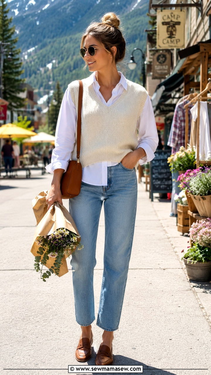 Sweater Vest And Button Up Shirt Combo - 30 Spring cabin outfits