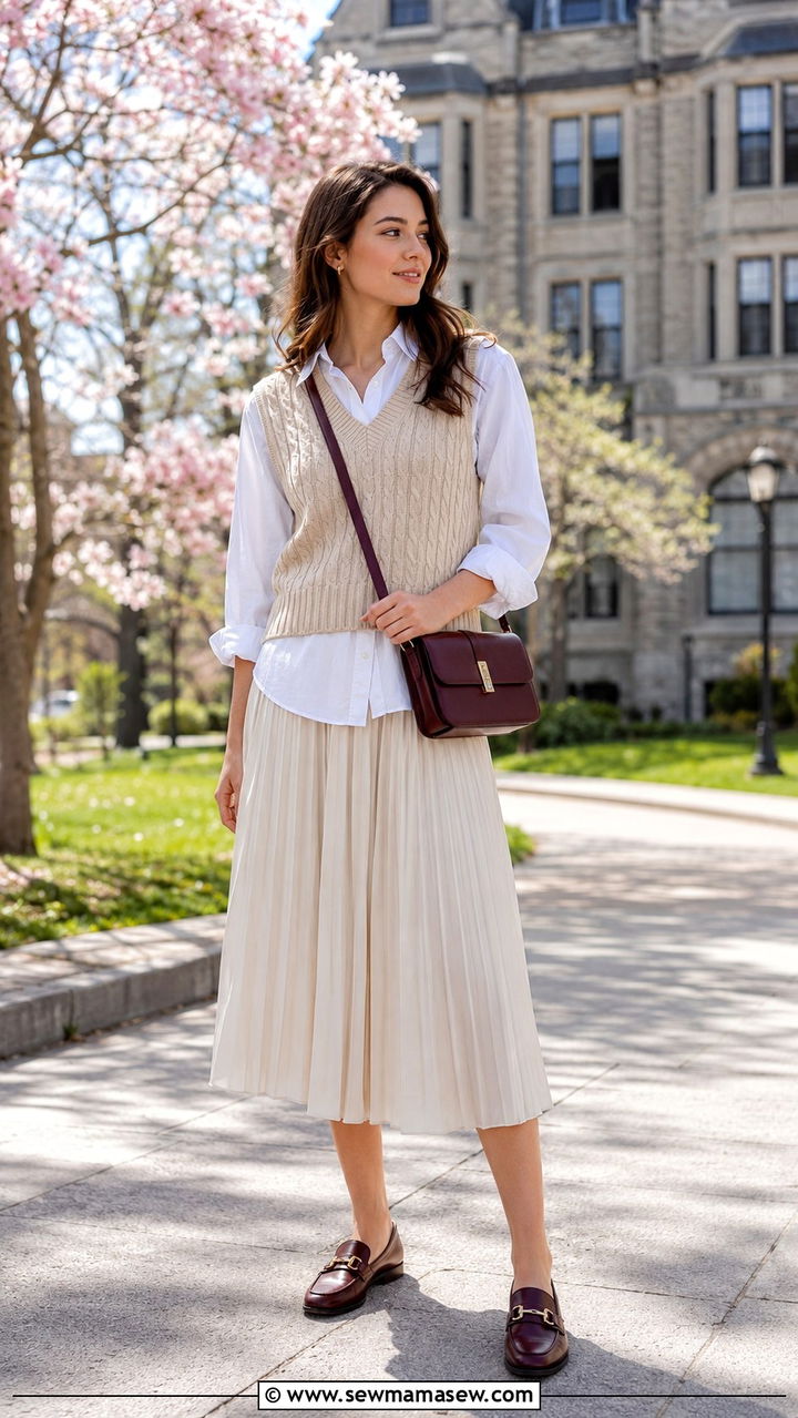 Sweater Vest And Pleated Skirt With Crossbody Bag - 20 spring outfits with crossbody bag