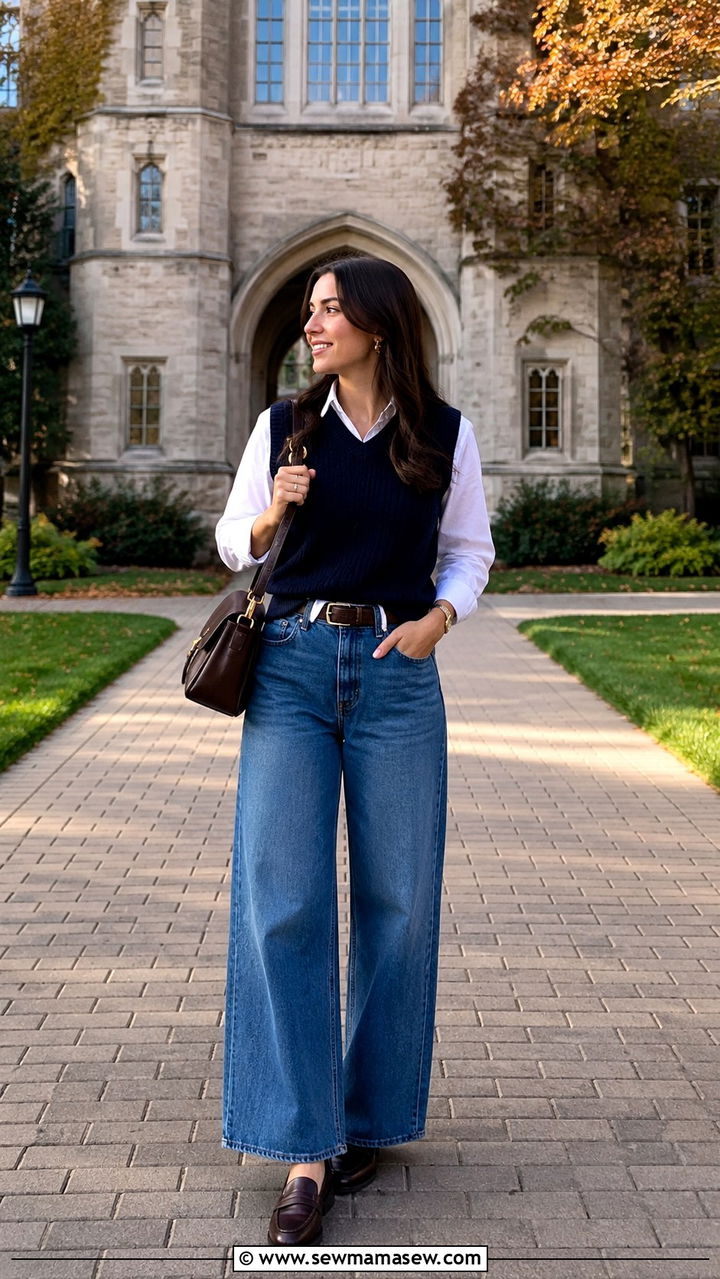 Sweater Vest And Wide Leg Jeans With Loafers - 25 Wide leg jeans outfit ideas with loafers