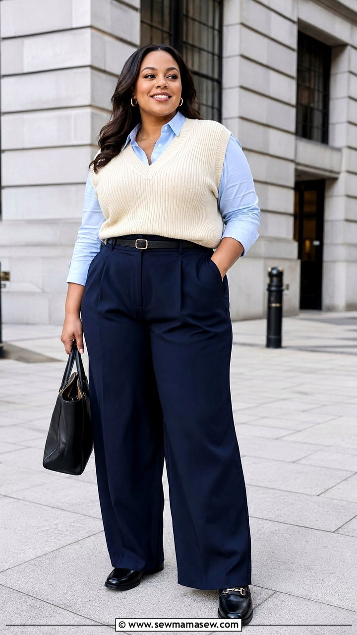 Sweater Vest And Wide Leg Trousers Outfit Plus Size - 25 Preppy outfits for curvy women
