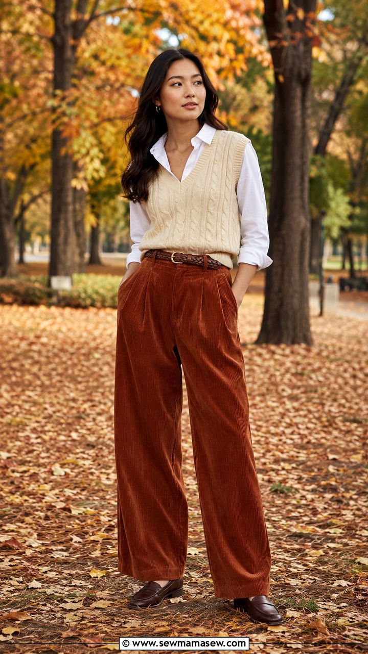 Sweater Vest Corduroy Pants Button Down Outfit - 25 transitional weekend outfit ideas