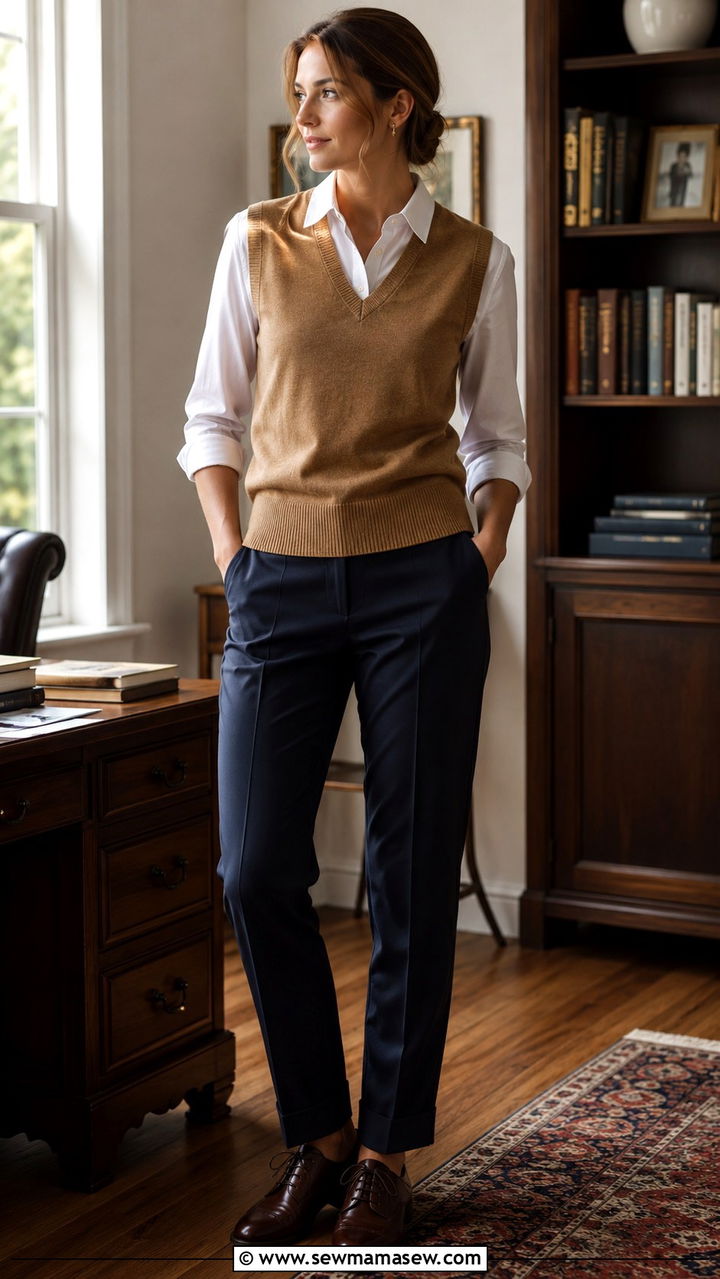Sweater Vest Layered Over A Button Down Shirt Work Outfit For Women Over 40 - 25 Work outfit ideas for women over 40 2026