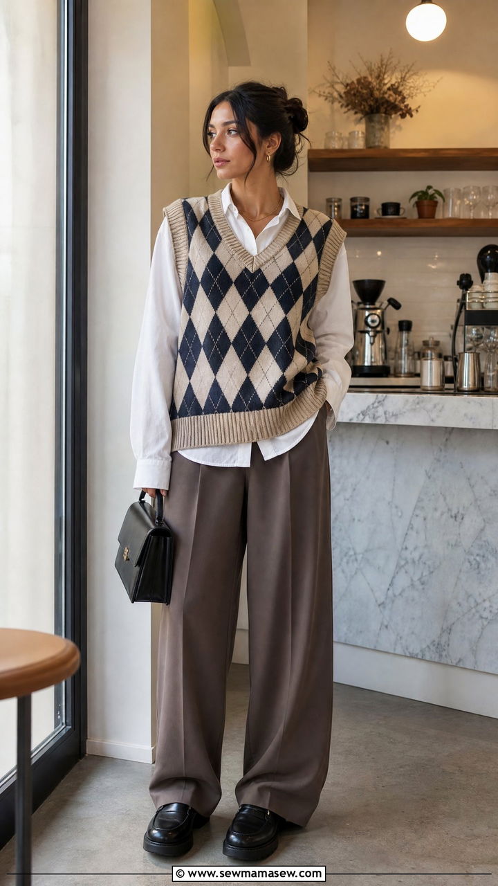 Sweater Vest Layered Over A Button Down With Wide Leg Trousers - 30 streetwear outfits ideas