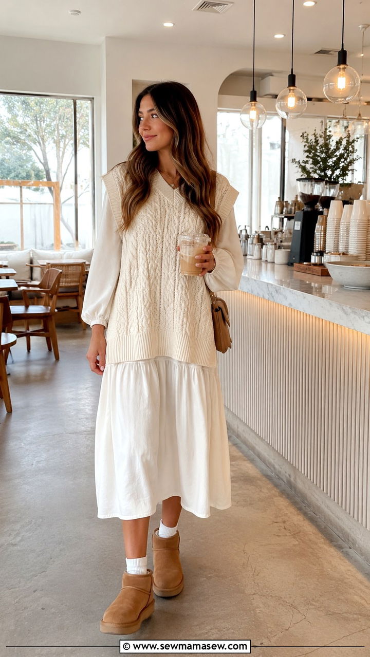 Sweater Vest Layered Over Dress with Uggs Outfit - 25 Uggs with dress outfit ideas