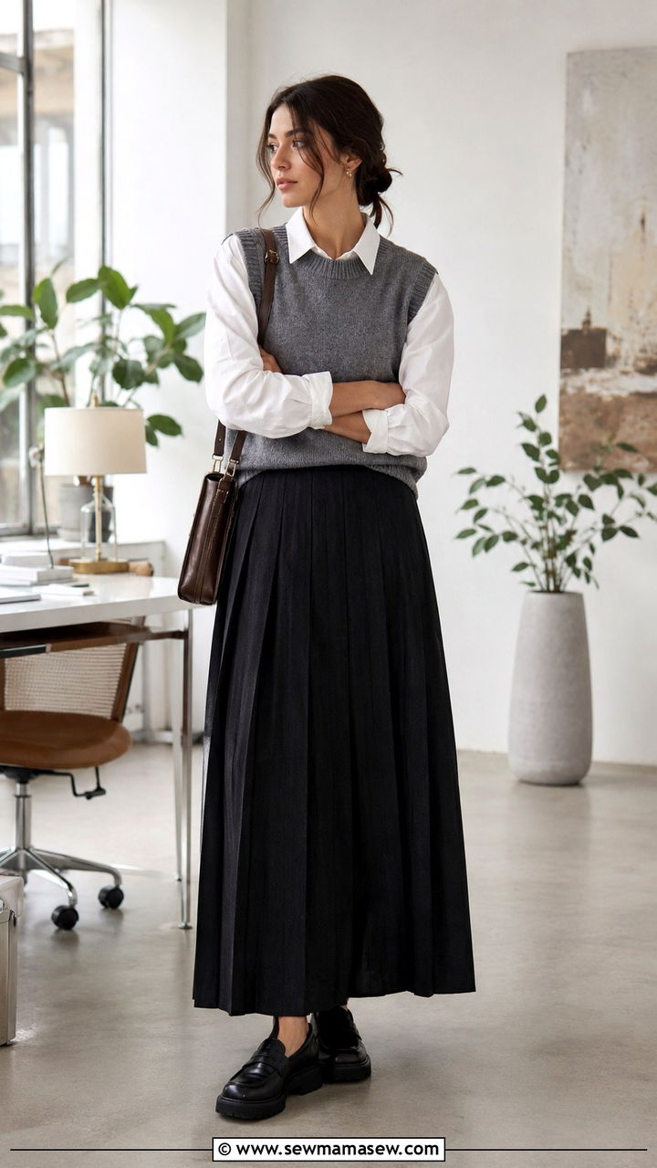 Sweater Vest Layered Over Maxi Skirt - 30 Maxi skirt outfit ideas with a sweater