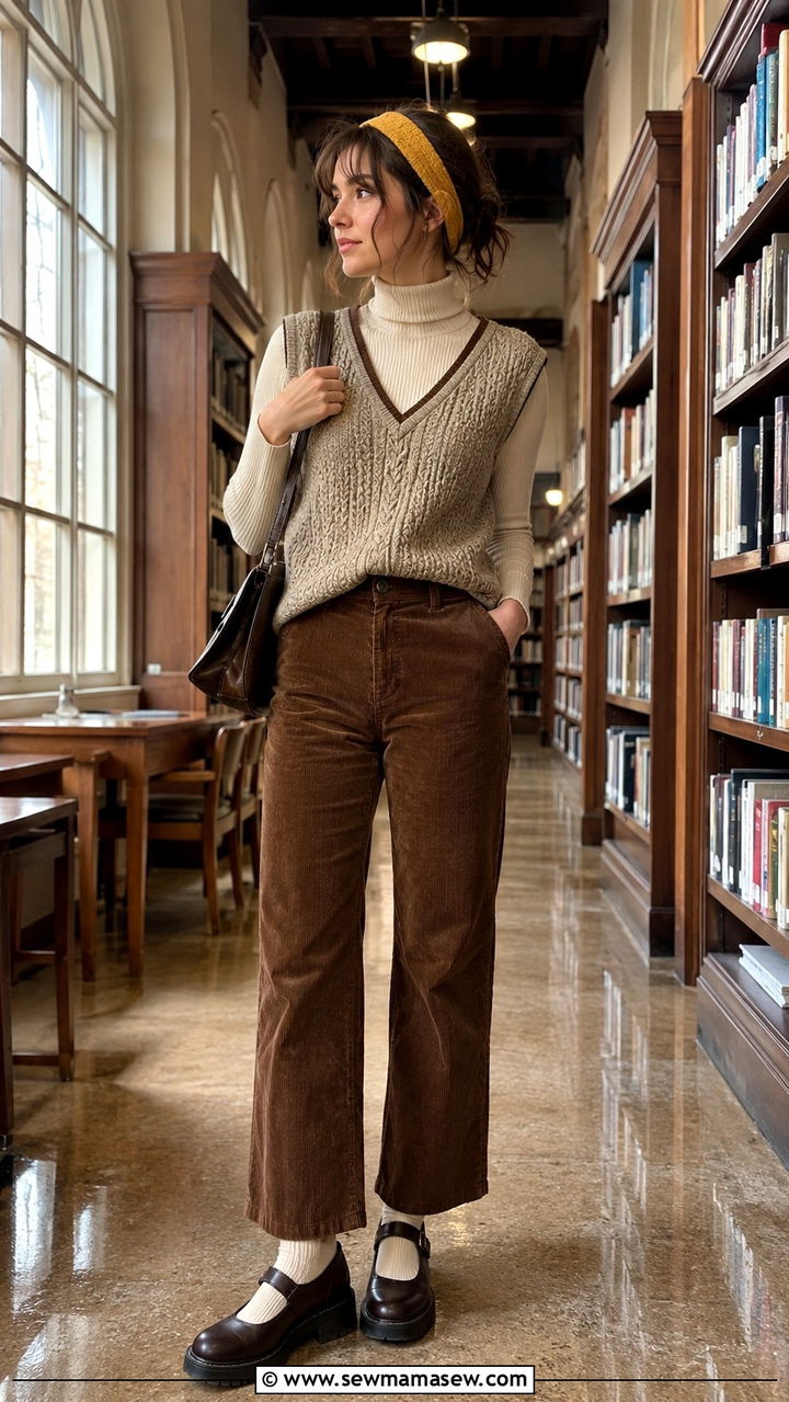 Sweater Vest Layered Over Turtleneck With Corduroy Pants Outfit Light Academia - 30 casual light academia outfits