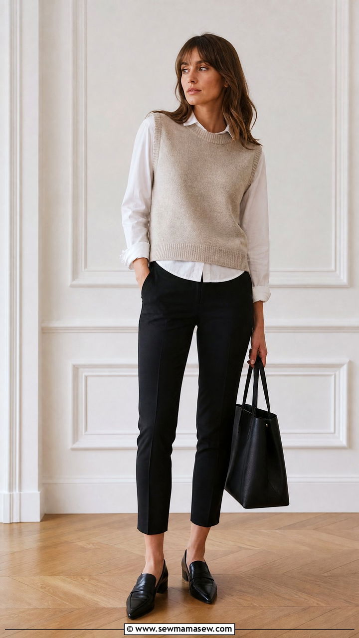 Sweater Vest Layered Over White Button Up - 30 French girl outfit ideas for work