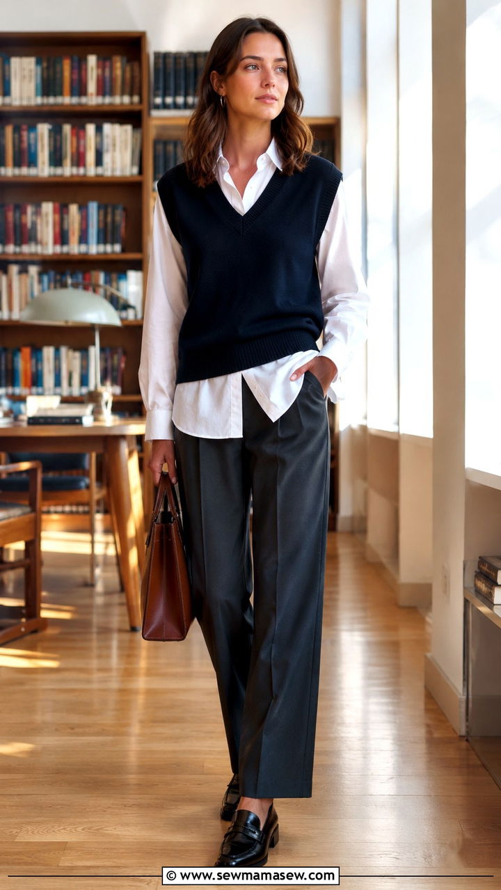 Sweater Vest Layered Over a Button Down Shirt With Trousers Outfit - 25 Work outfits for startup