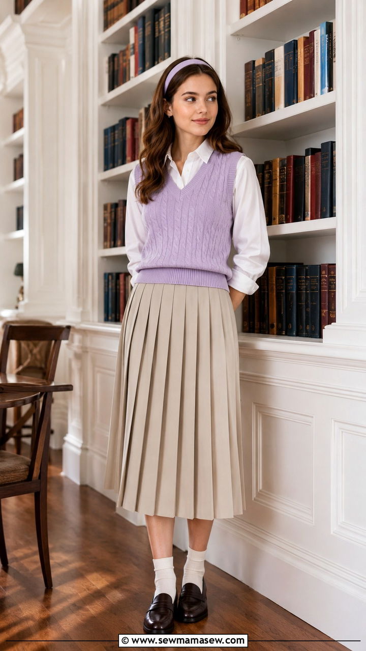 Sweater Vest Layered Over a Collared Shirt with a Pleated Skirt - 30 Spring preppy outfits 2026