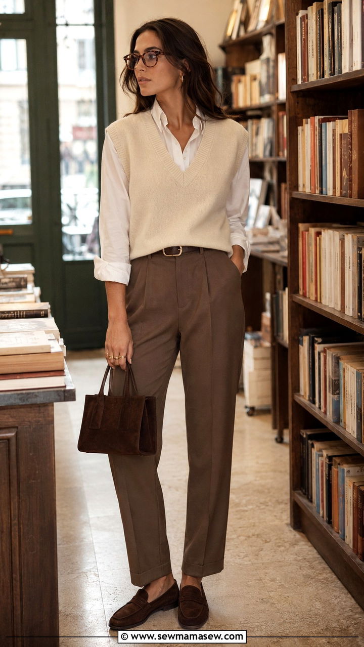Sweater Vest Layered Over a White Poplin Shirt - 30 Old money capsule wardrobe