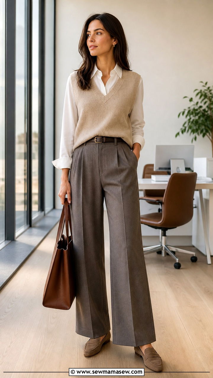 Sweater Vest Layered Over a White Tee With Trousers - 40 Cute spring outfits