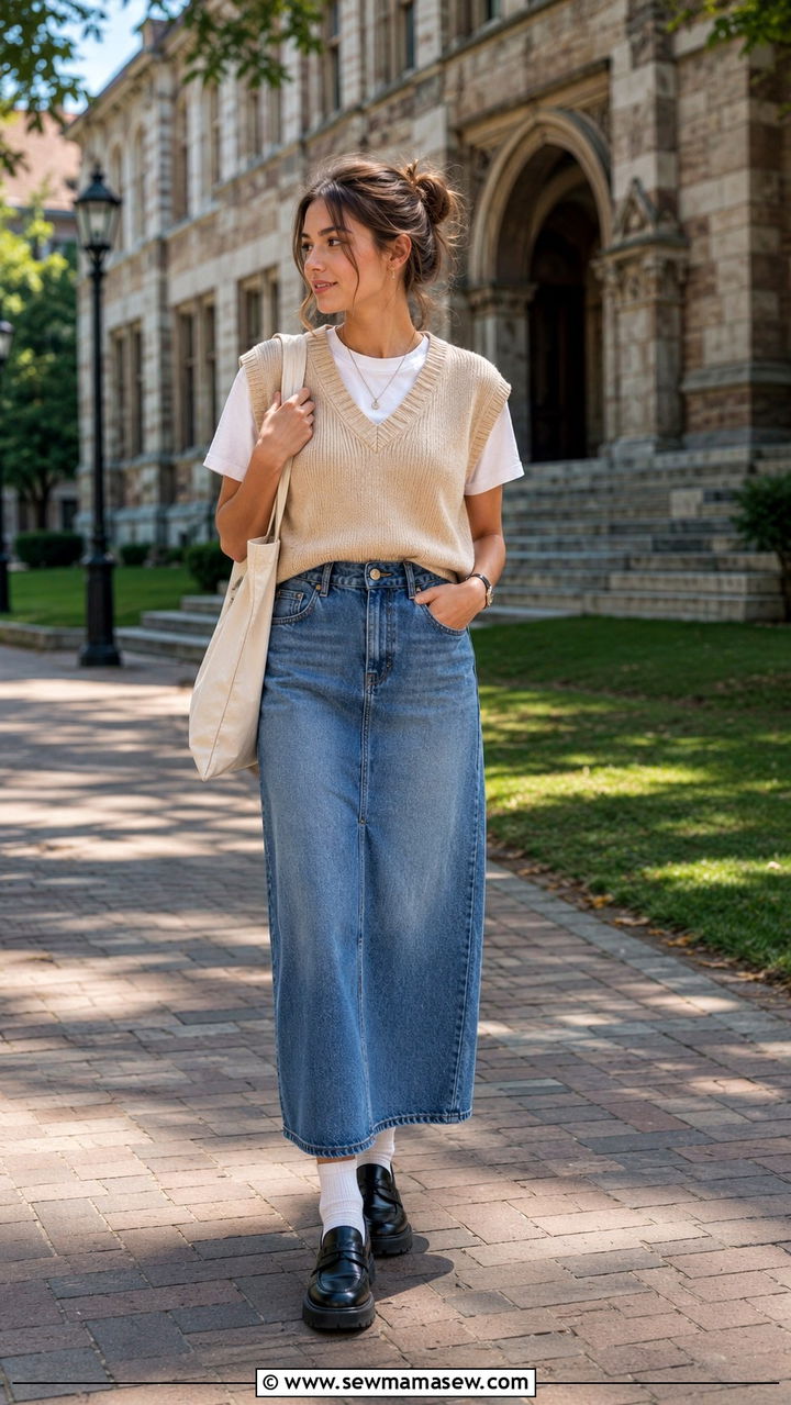 Sweater Vest Layered Over a White Tee and Loafers With a Denim Maxi Skirt - 30 denim maxi skirt outfit ideas