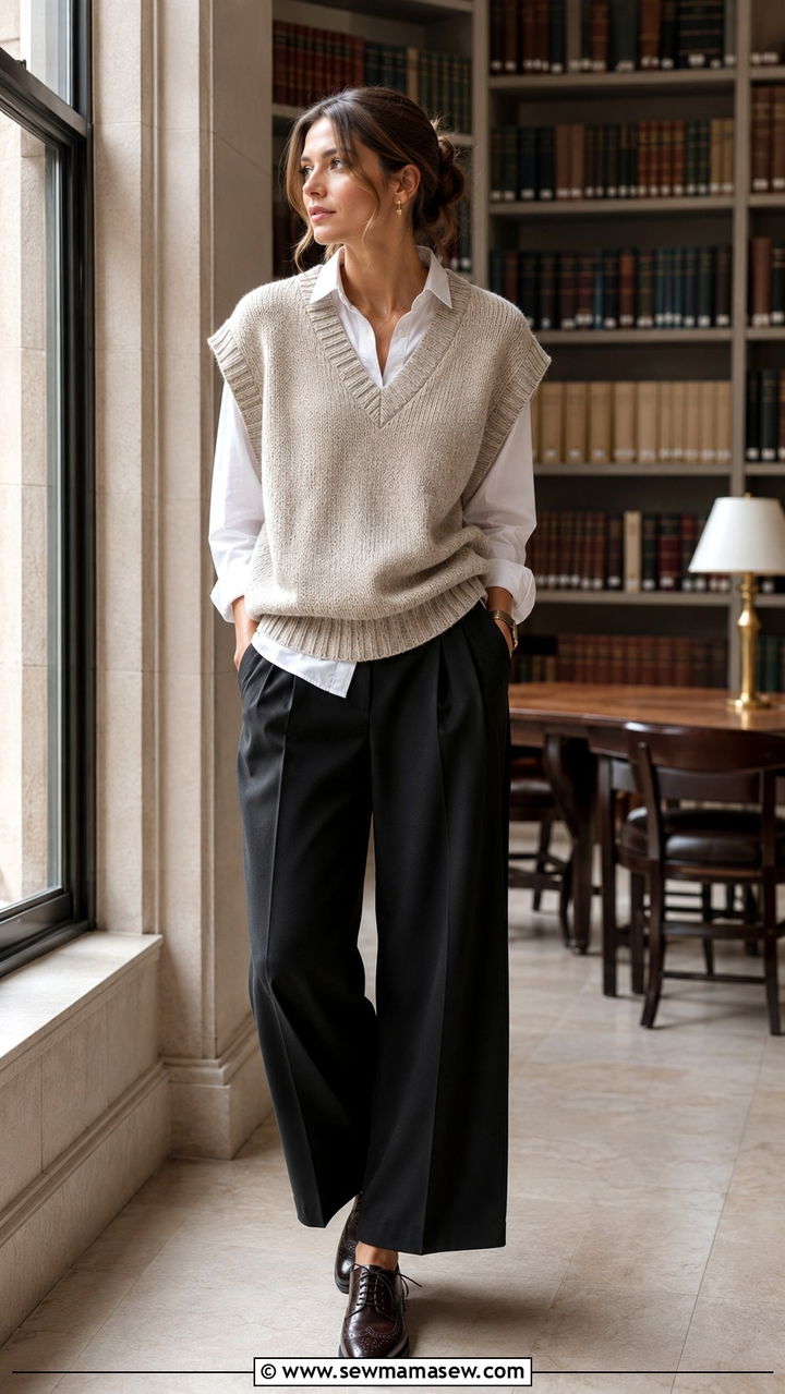 Sweater Vest Layered With Wide Leg Trousers - 30 how to style wide leg pants outfits