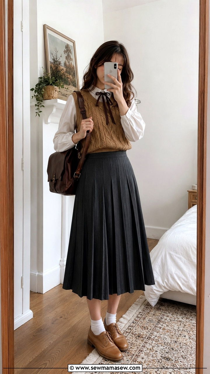 Sweater Vest Layered over White Blouse with Pleated Skirt - 30 light academia outfits to copy