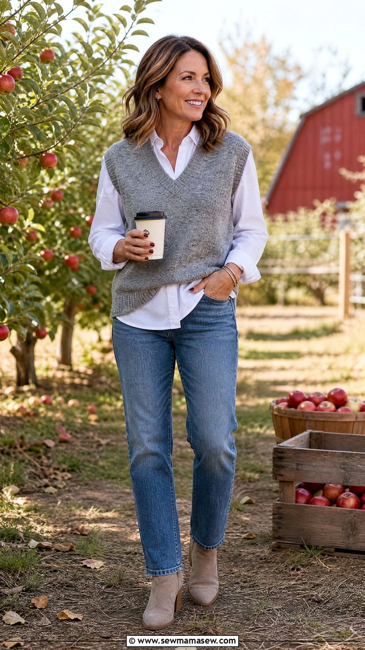 Sweater Vest Over A Button Up With Jeans - 35 Middle aged woman outfit ideas
