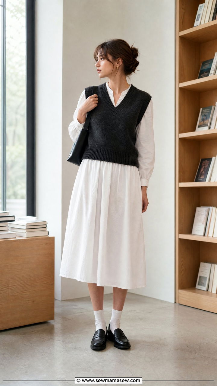 Sweater Vest Over A Midi Dress With Loafers - 35 Ivy league outfit ideas
