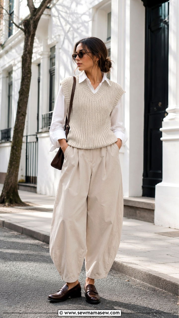 Sweater Vest Over A White Dress Shirt With Barrel Trousers - 20 Simple spring outfit ideas 2026