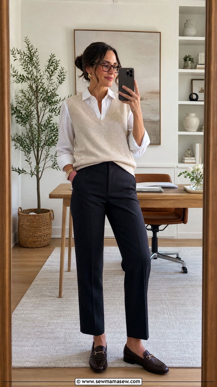 Sweater Vest Over Button Down Home Office Look - 25 Home office outfit ideas