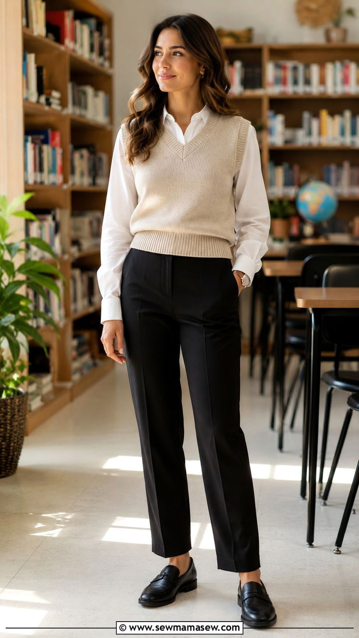 Sweater Vest Over Button Down Shirt - 20 Modest outfit ideas for teacher