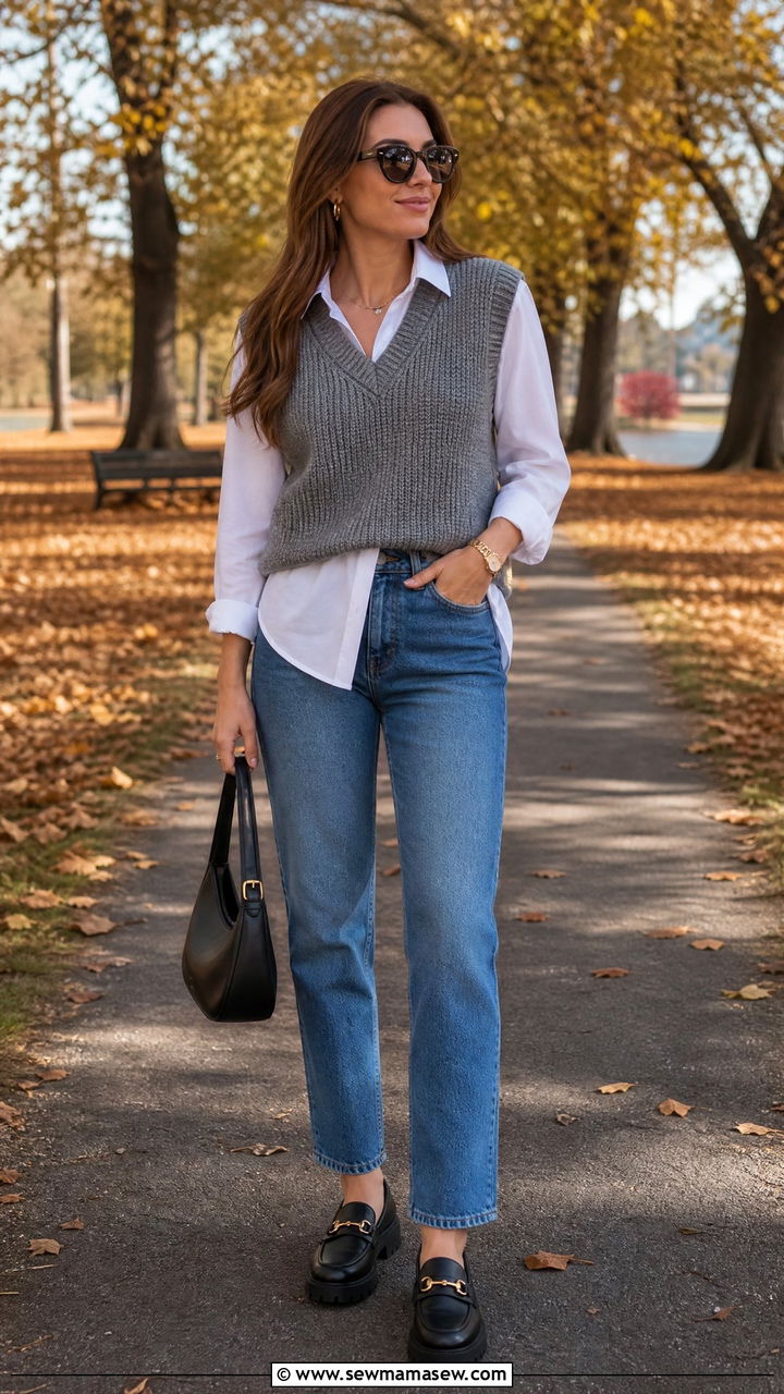 Sweater Vest Over Button Down Shirt With Straight Leg Jeans - 30 Elevated mom outfit ideas