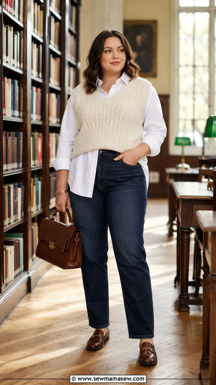 Sweater Vest Over Button Down Shirt with Jeans - 30 casual outfits for midsize women