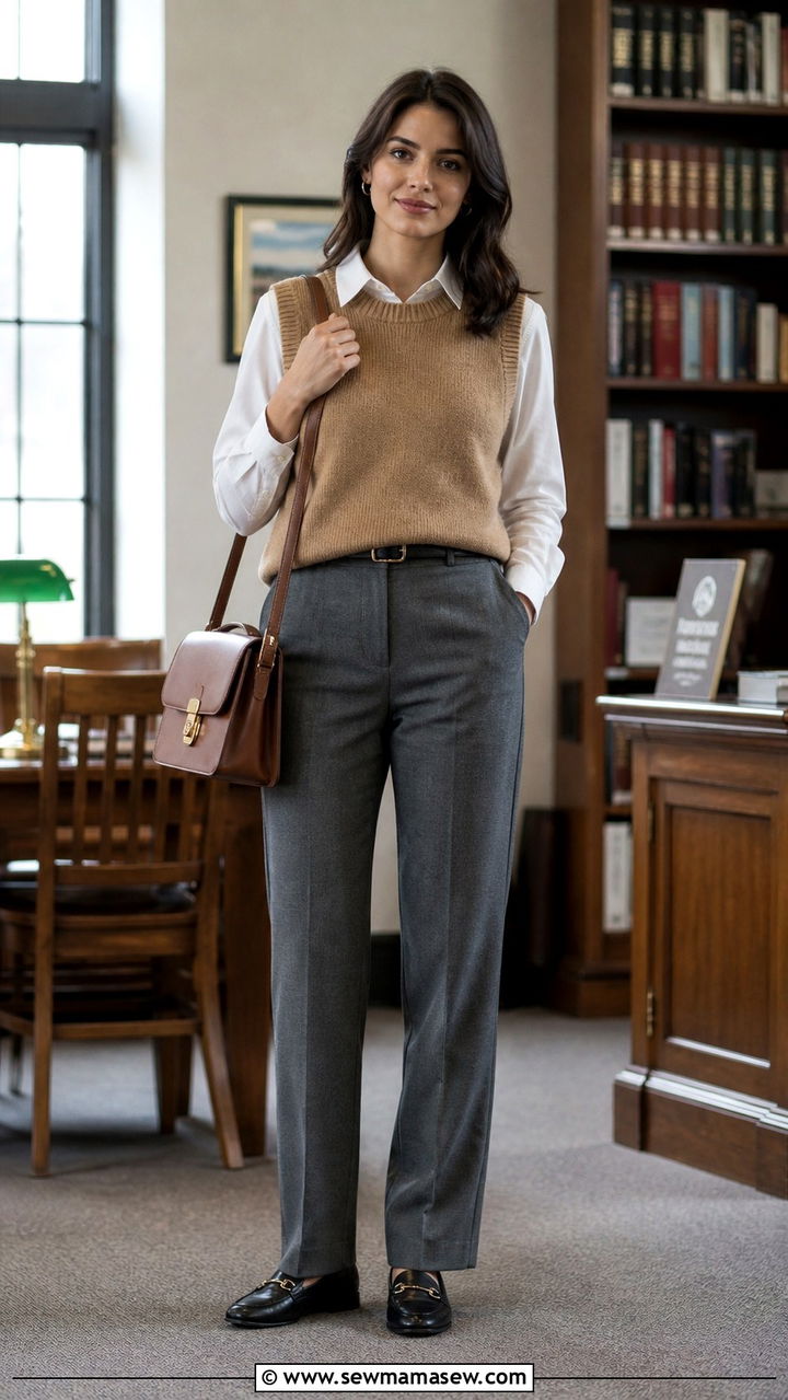 Sweater Vest Over Button Down With Straight Trousers and Loafers - 40 French girl outfits ideas