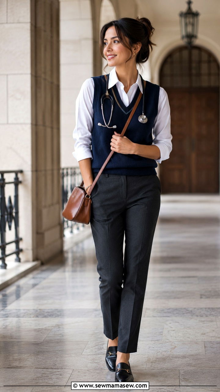 Sweater Vest Over Button Down With Trousers - 20 Modest outfit ideas for doctor