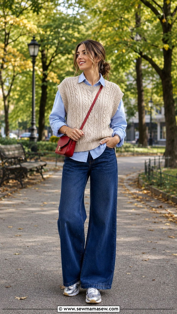 Sweater Vest Over Button Down With Wide Leg Jeans - 30 cute transitional outfits