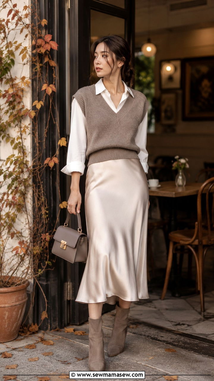 Sweater Vest Over Button Down with Midi Skirt - 30 Brunch outfit ideas petite