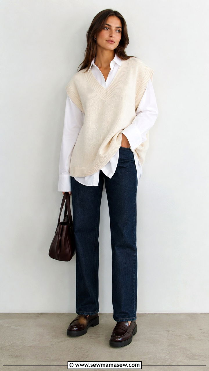 Sweater Vest Over Button Down with Straight Jeans and Loafers - 30 Oversized sweater with jeans outfit ideas