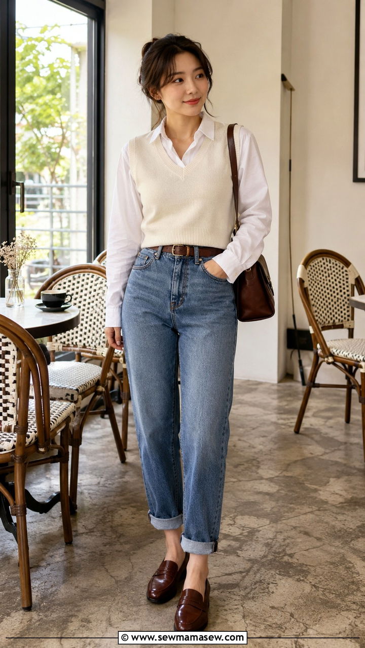 Sweater Vest Over Button Up Shirt with Cuffed Jeans and Loafers - 20 Petite outfit ideas 4'11