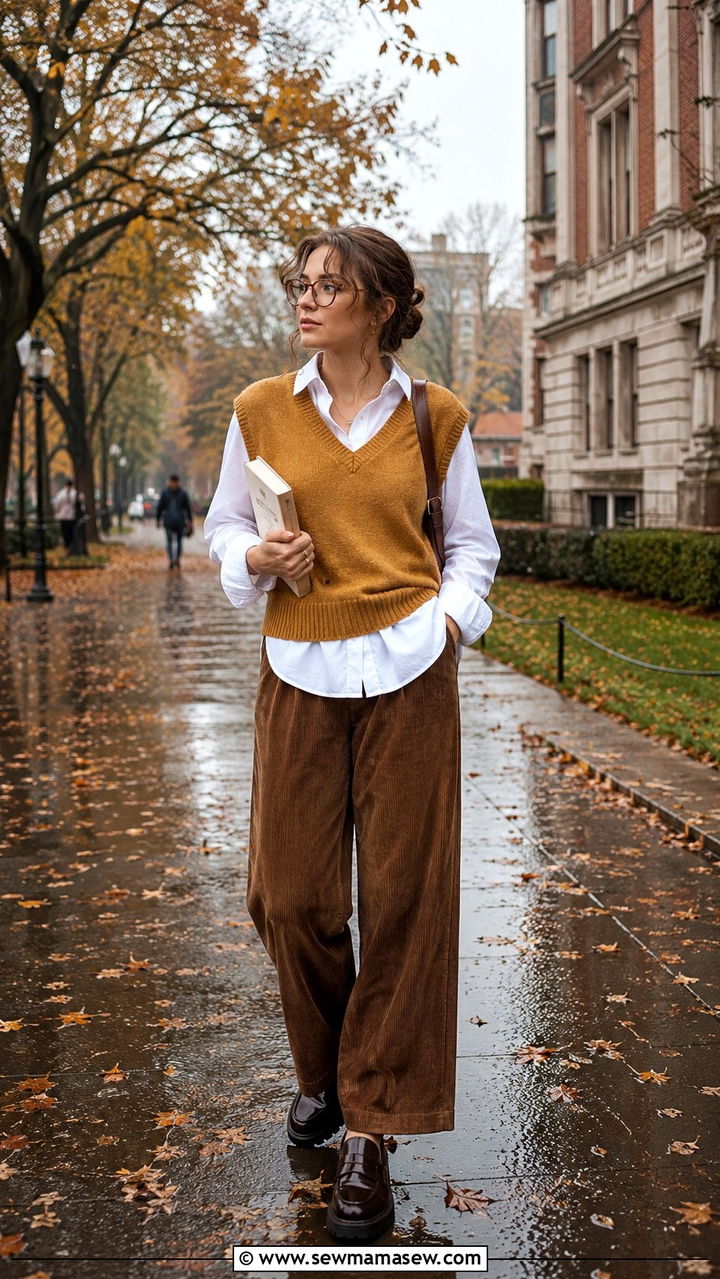 Sweater Vest Over Button Up With Corduroy Pants - 30 Rainy day casual outfit ideas