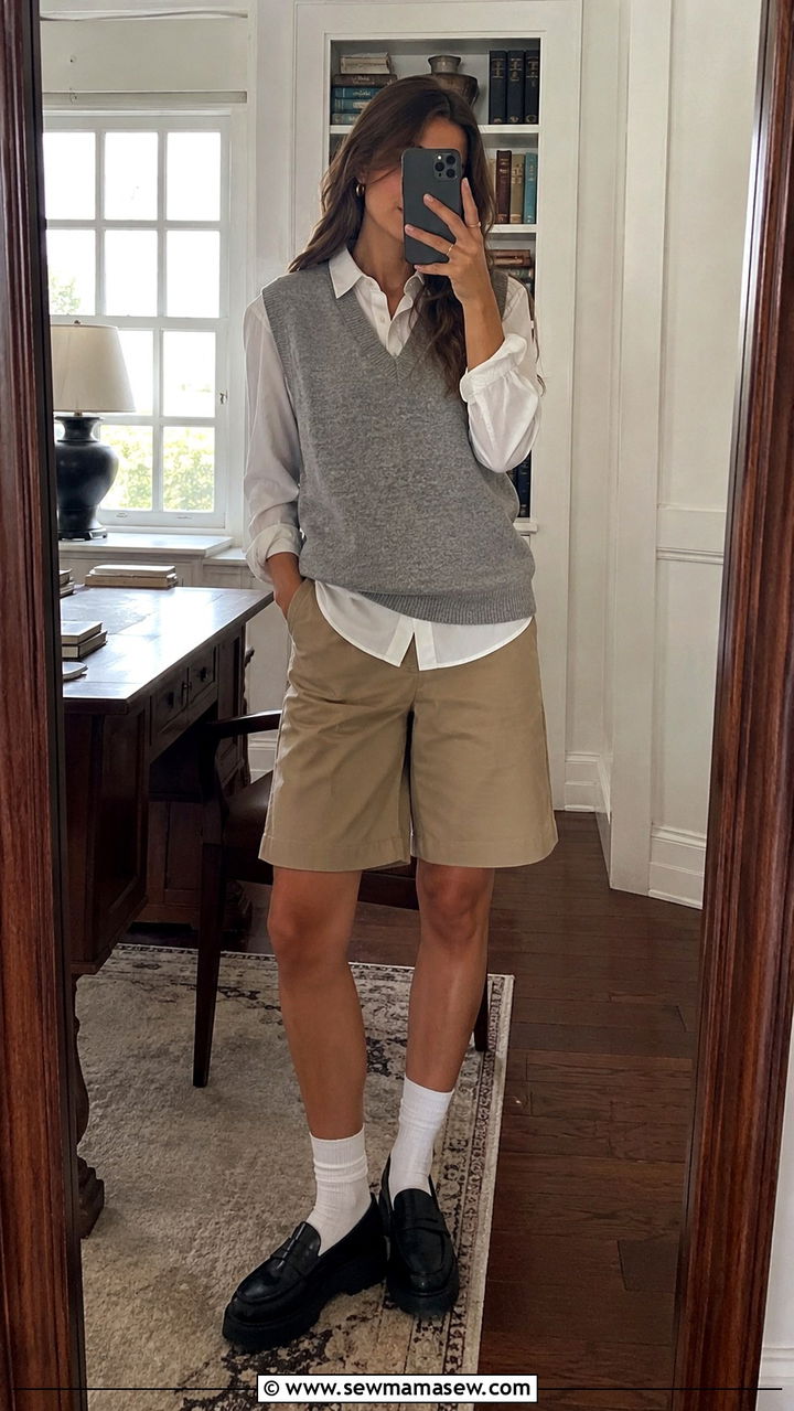 Sweater Vest Over Collared Shirt And Bermuda Shorts - 30 Outfit ideas for short torso