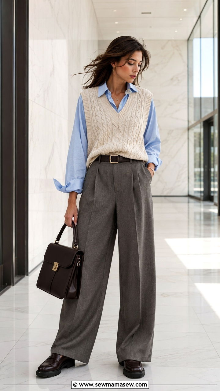 Sweater Vest Over Collared Shirt And Wide Leg Pants - 25 windy day outfits aesthetic