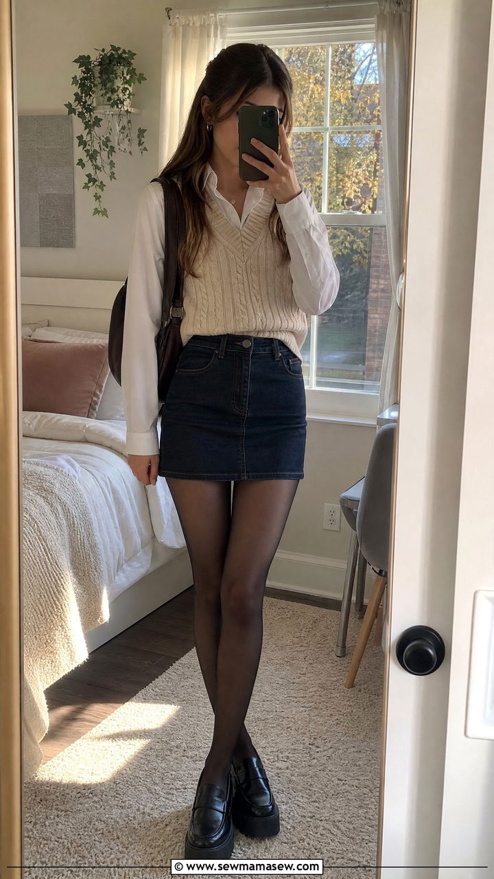 Sweater Vest Over Collared Shirt With Denim Mini Skirt - 25 Petite outfit ideas for teens