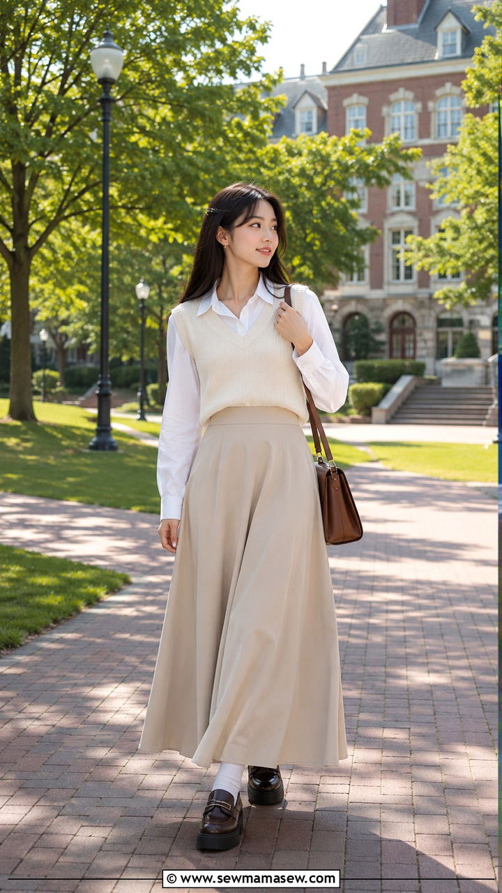 Sweater Vest Over Collared Shirt With Maxi Skirt - 30 Modest outfit ideas minimalist