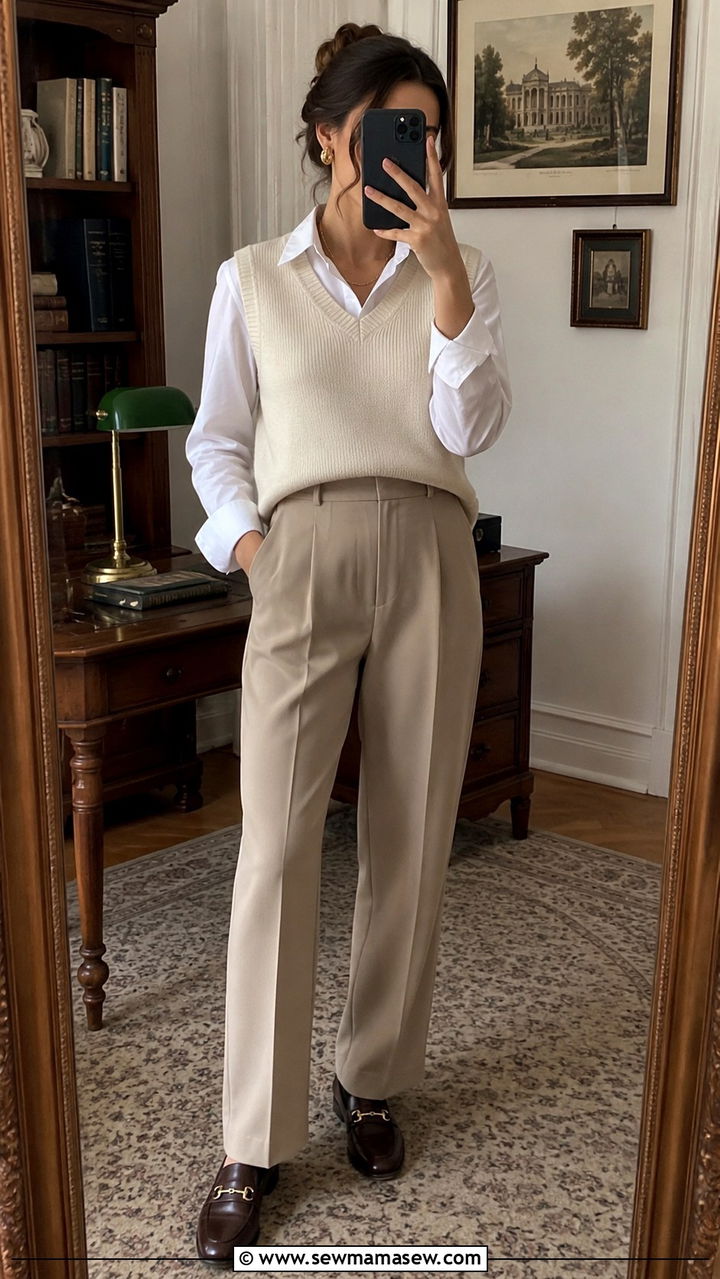 Sweater Vest Over Collared Shirt With Thin Chain Necklace - 30 Spring outfits with jewelry