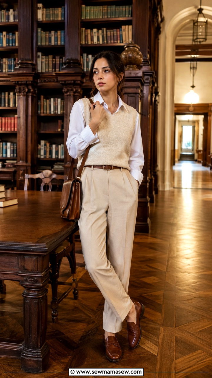 Sweater Vest Over Collared Shirt with Tailored Trousers for Petites - 30 Old money outfit ideas petite