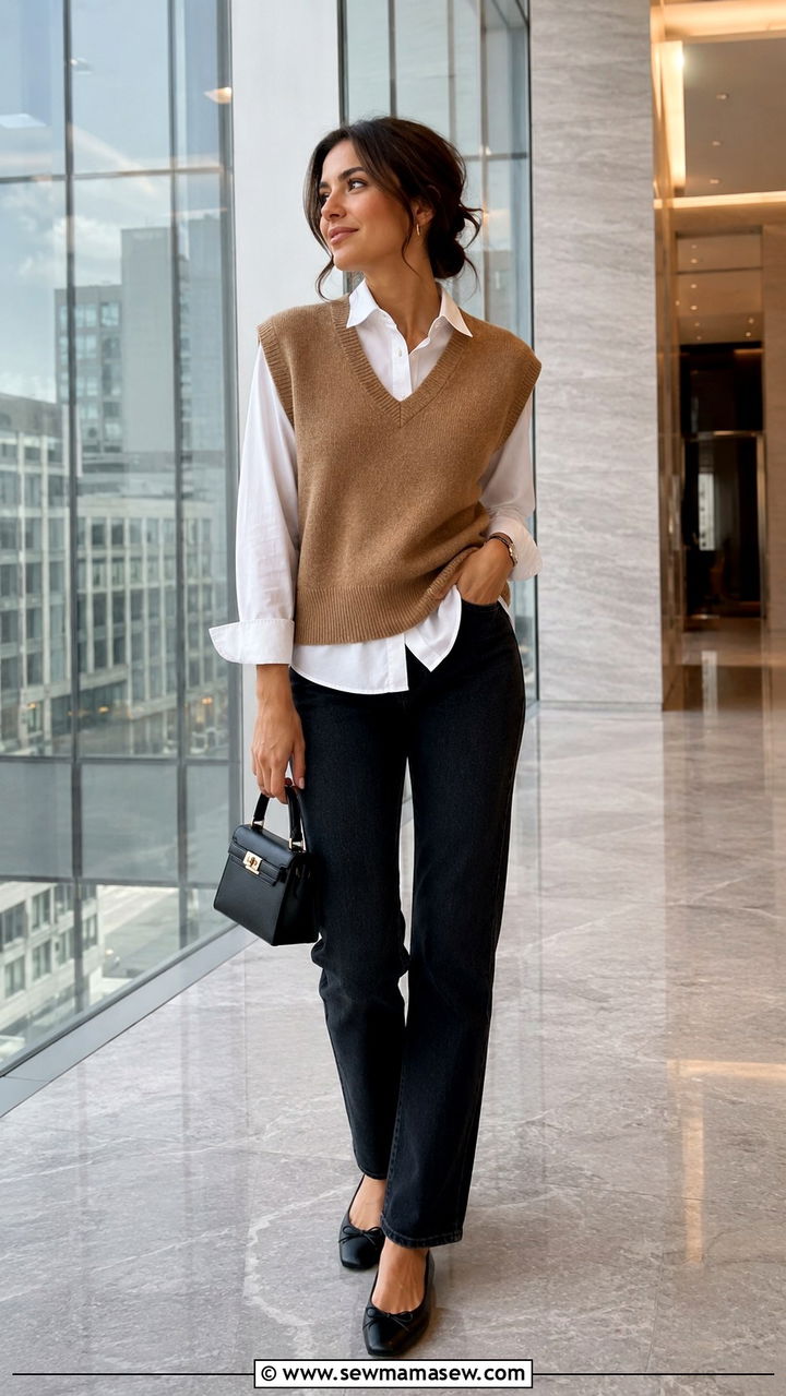 Sweater Vest Over Crisp White Shirt Outfit - 20 Spring outfits for 50-60 degree weather