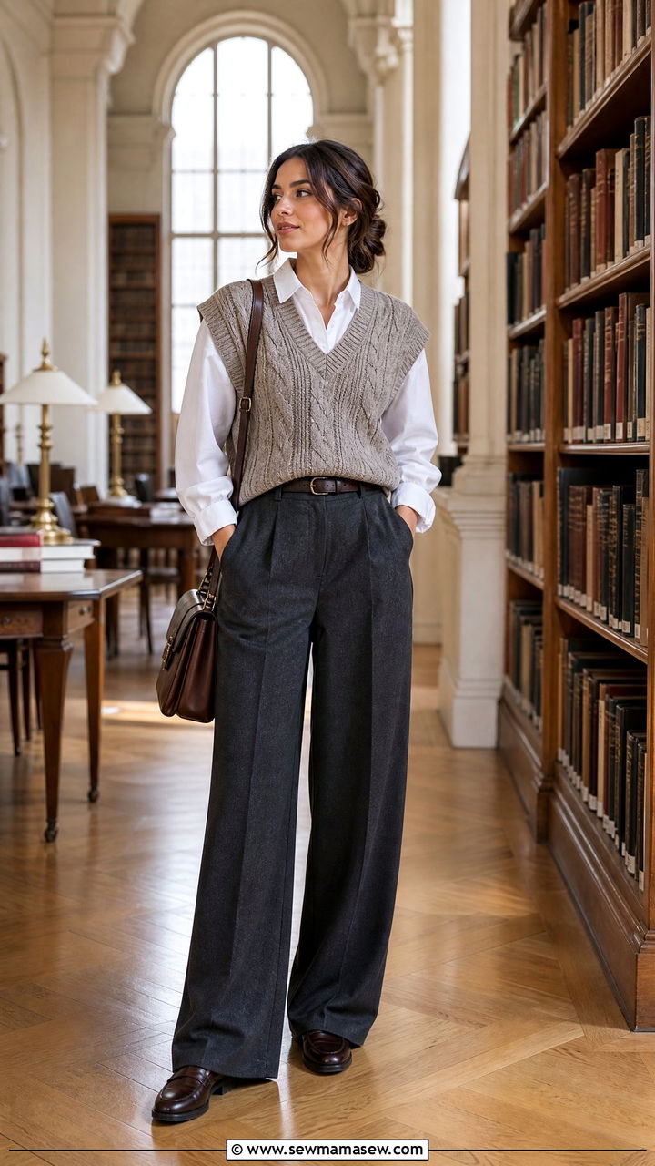 Sweater Vest Over Long Sleeve Shirt With Wide Leg Trousers - 30 modest classy outfits 2026