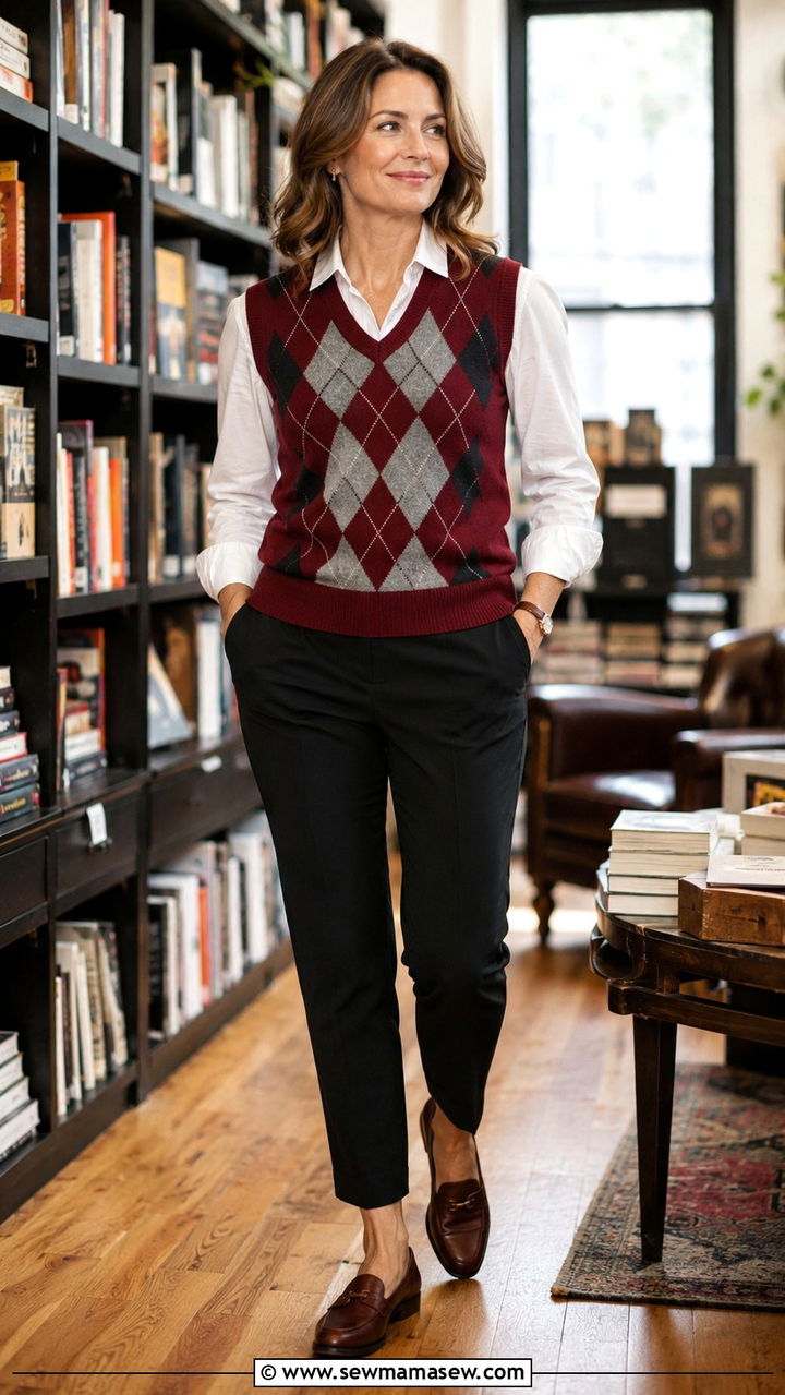 Sweater Vest Over Oxford Shirt with Tapered Ankle Pants - 20 dark academia outfit ideas for women over 40
