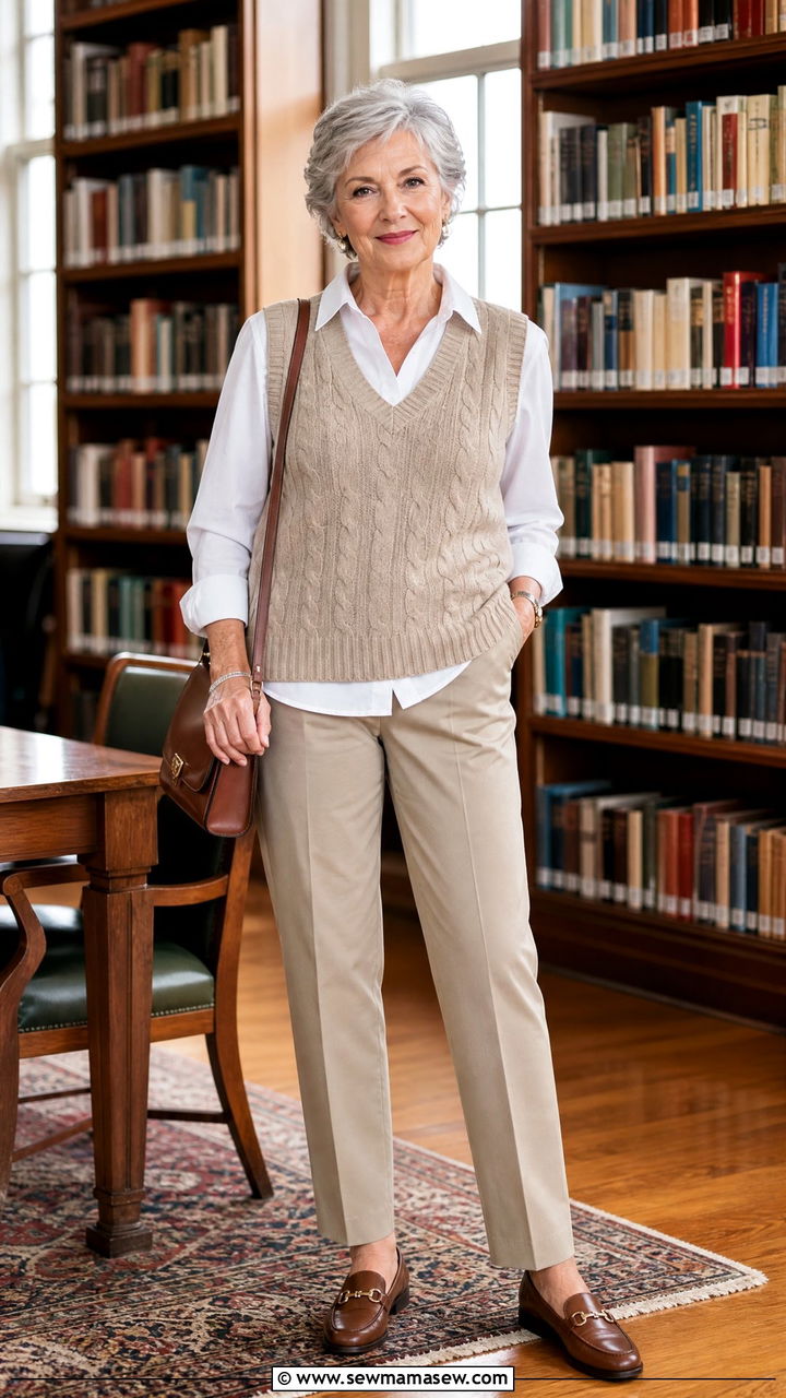 Sweater Vest Over Poplin Shirt and Chinos with Loafers - 30 Concert outfits for women over 60
