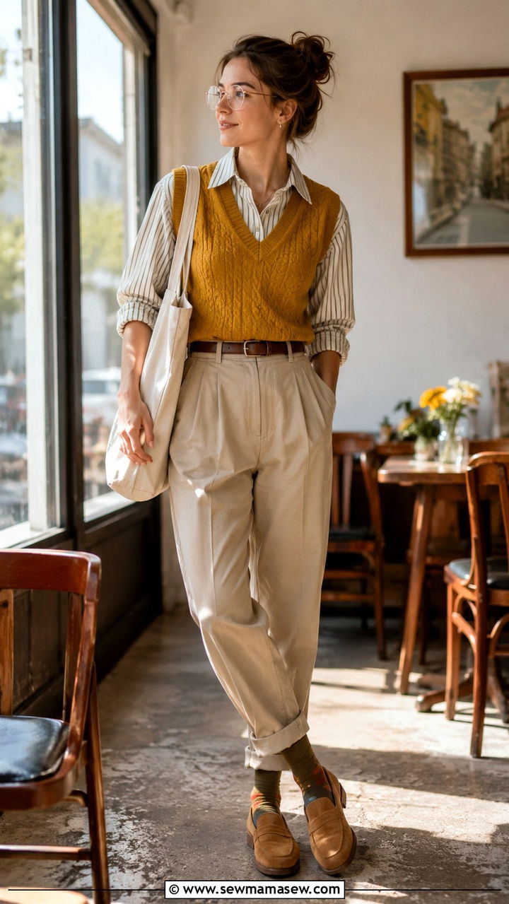 Sweater Vest Over Striped Button Down With Relaxed Pleated Trousers - 20 Eclectic grandpa outfit ideas women