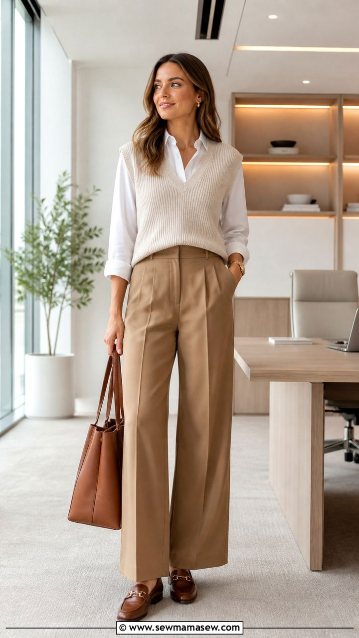 Sweater Vest Over White Button Down And Wide Leg Trousers - 40 spring neutral outfit ideas