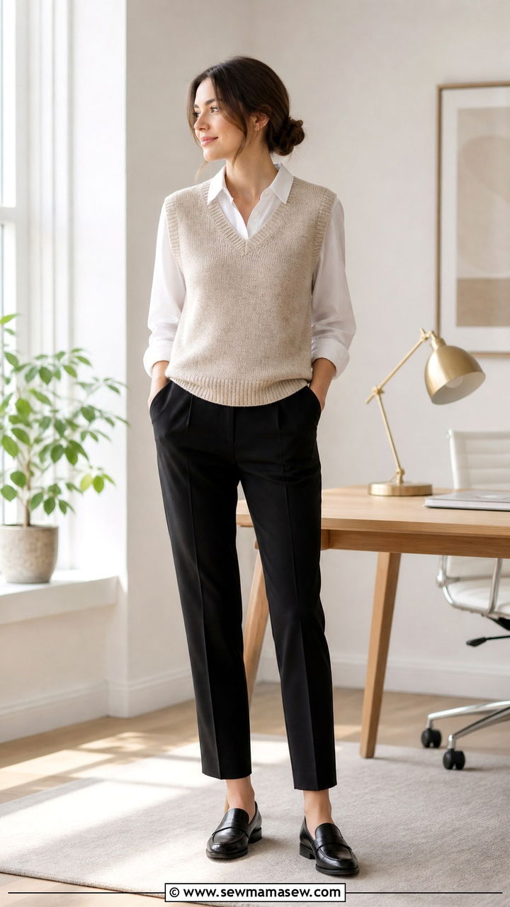 Sweater Vest Over White Button Down Work Look - 40 Classy work outfit ideas