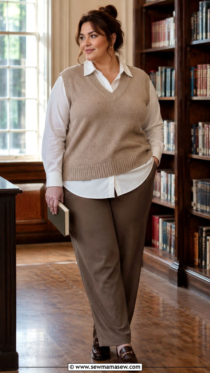 Sweater Vest Over White Button Down - 30 Plus size outfit ideas 2026