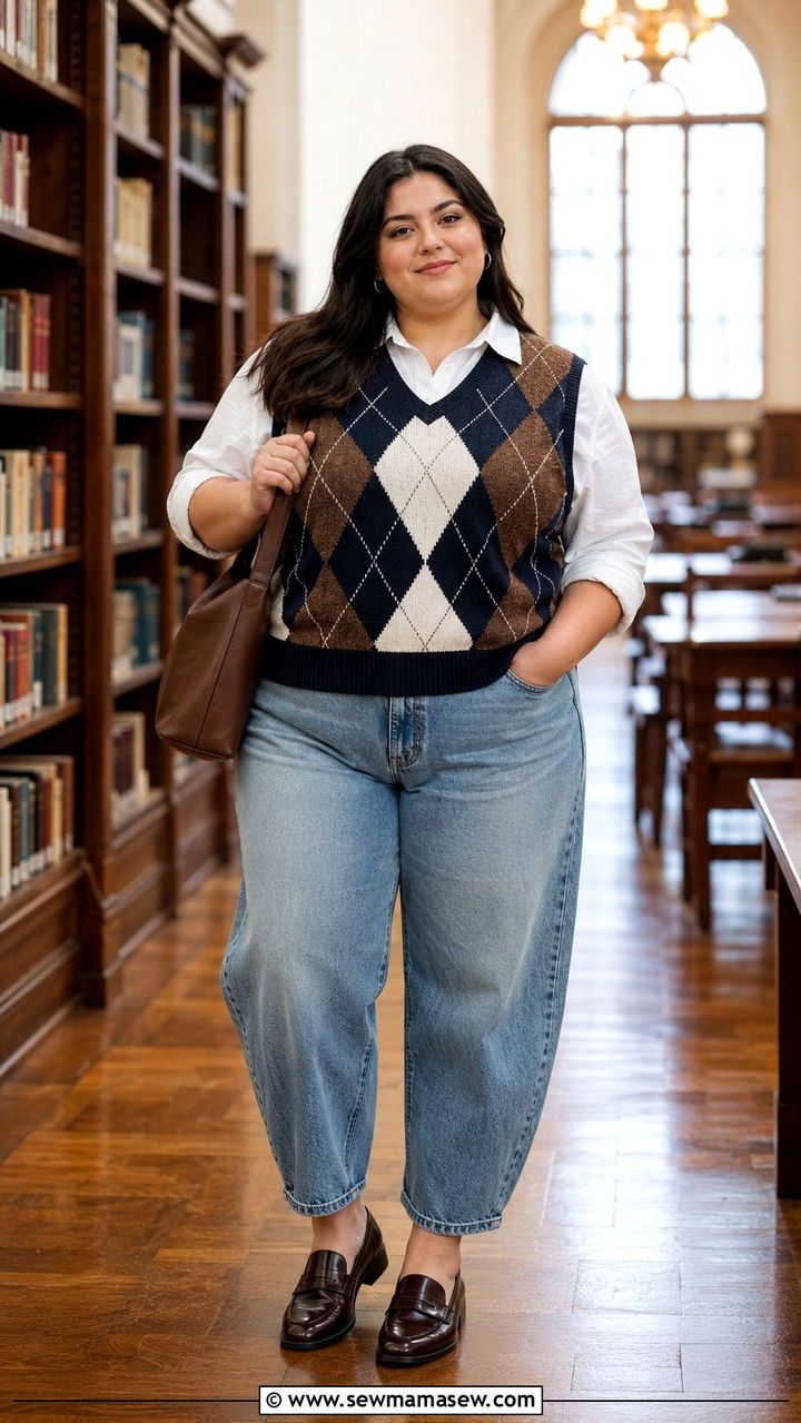 Sweater Vest Over White Shirt With Barrel Jeans And Loafers - 30 Plus size outfit ideas for college